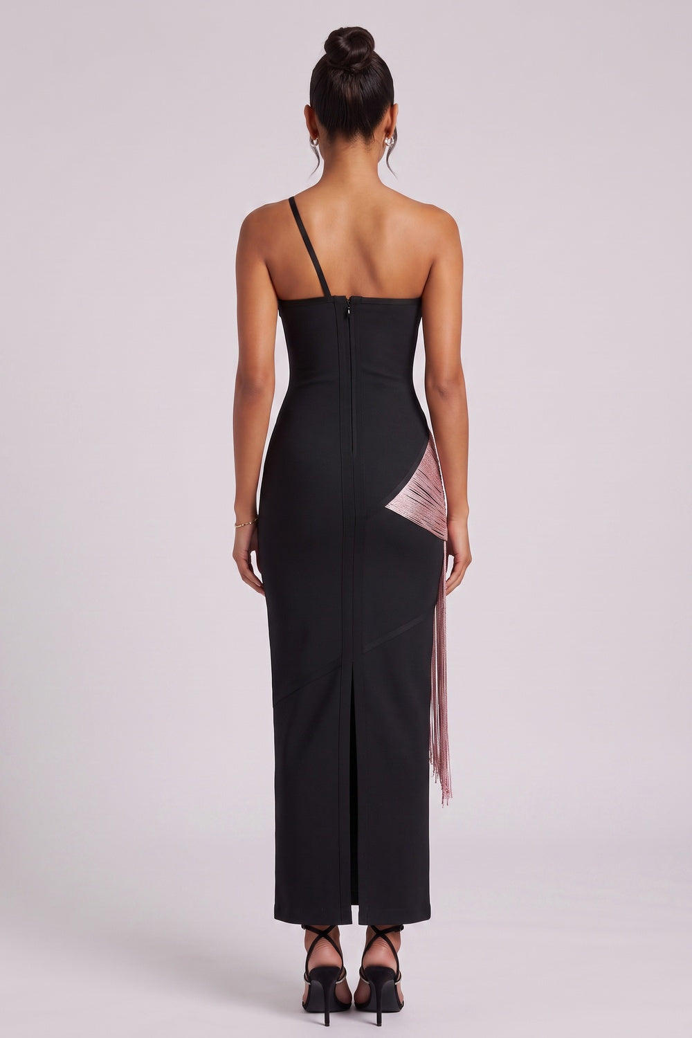 Black One-Shoulder Fringe Column Dress black heavy stretch knit dress - product view 5