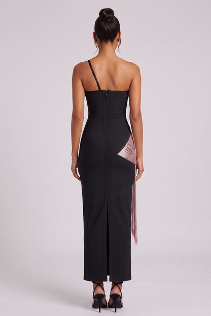 Black One-Shoulder Fringe Column Dress black heavy stretch knit dress - product view 5