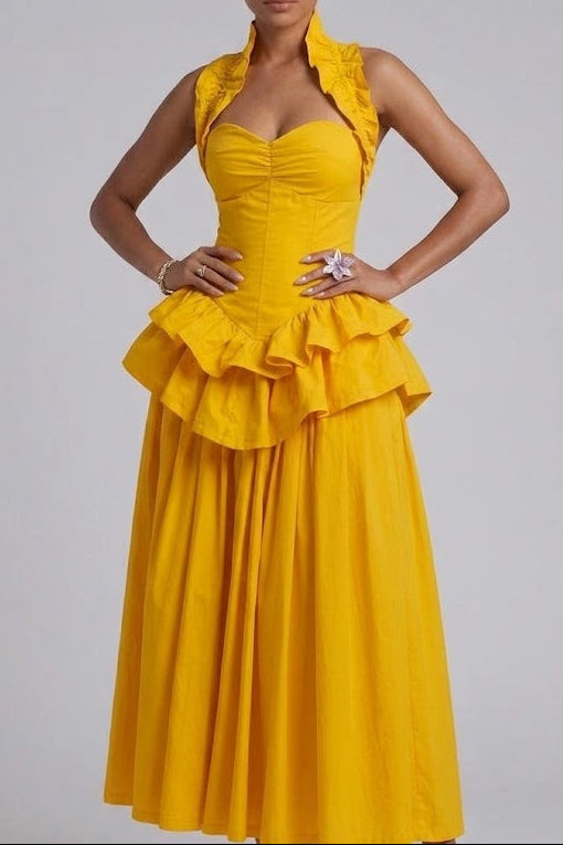 Yellow Ruffled Peplum Midi Dress Premium Fabric - product view 3