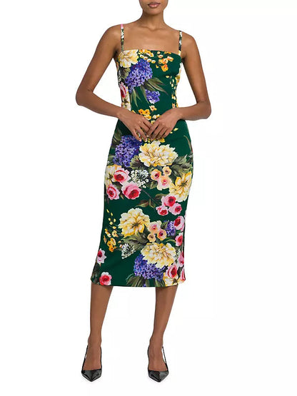 floral print sheath midi dress in green