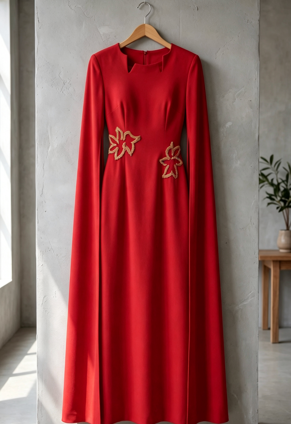 Red Crepe Column Gown with Cape Sleeves