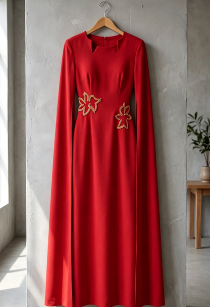 Red Crepe Column Gown with Cape Sleeves