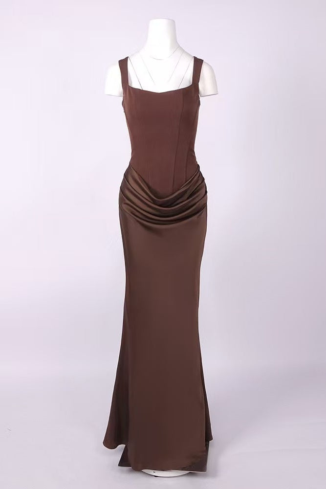 Dark Brown Satin Fitted Column Evening Gown with Draped Hip
