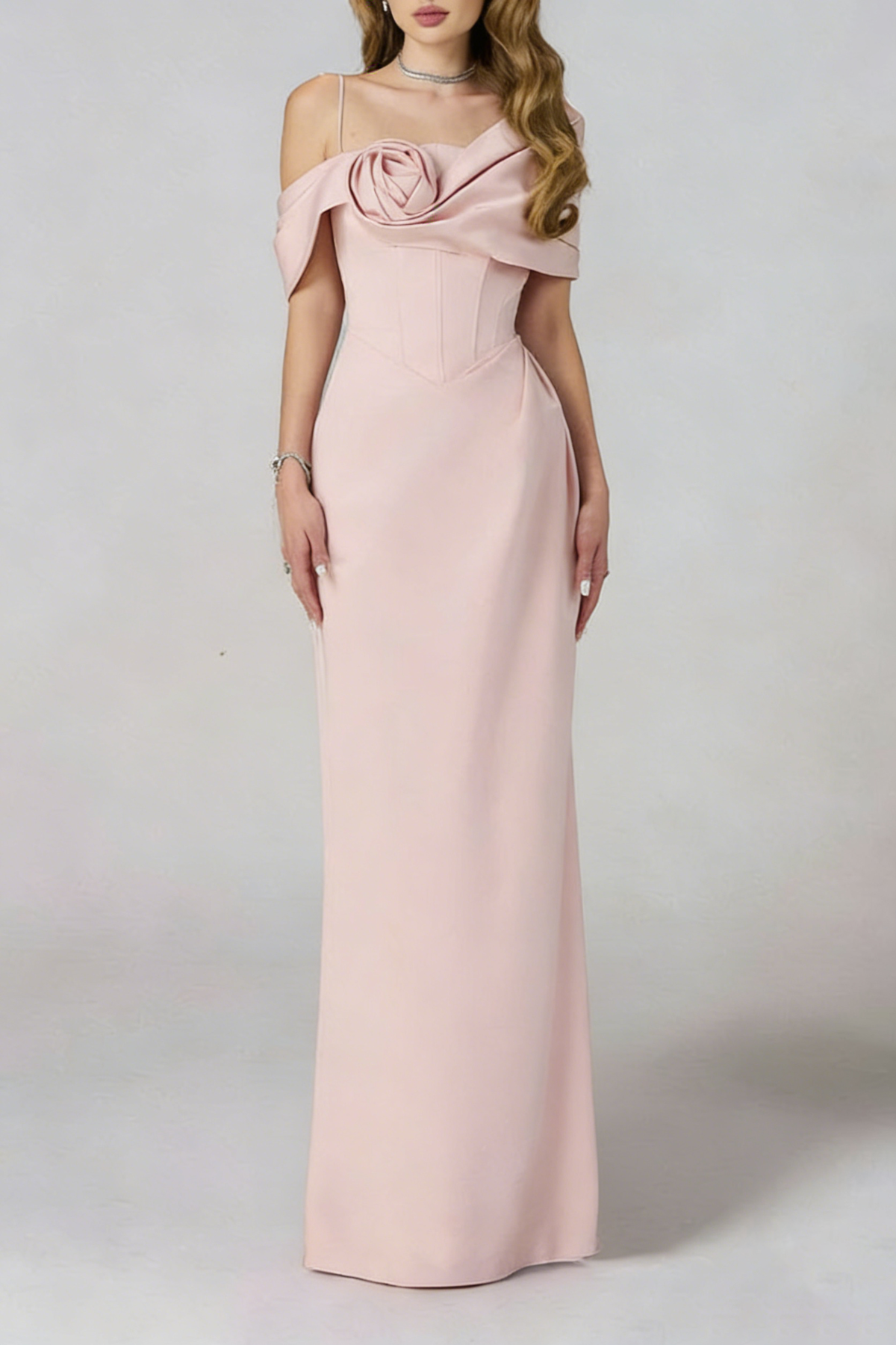 leona Sheath Asymmetric Shoulder Taffeta Ankle maxi Dress in pink