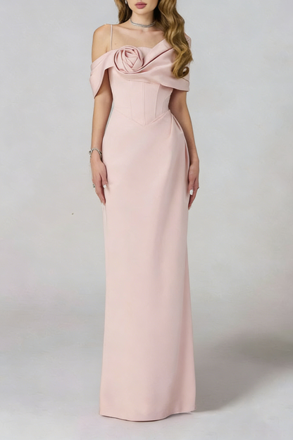 leona Sheath Asymmetric Shoulder Taffeta Ankle maxi Dress in pink
