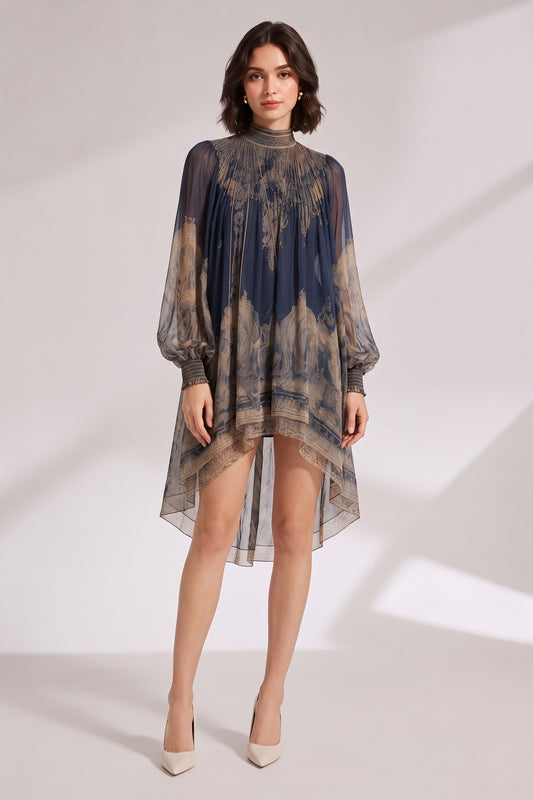 Navy Blue Sheer Chiffon Loose A-Line High-Low Drape Mini Dress navy blue sheer chiffon mini dress - product view 1