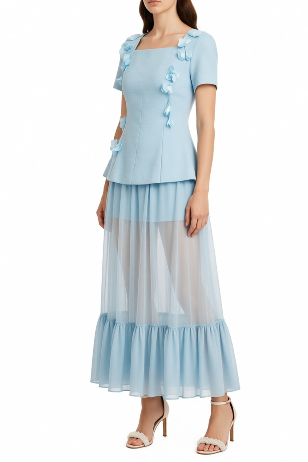 ursula blue Short Sleeves Flowers Folds Top And Skirt Two-Piece Set