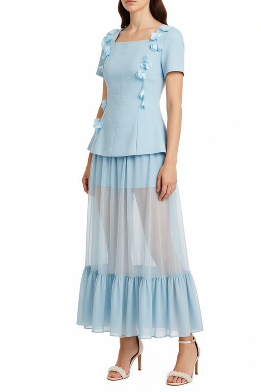 ursula blue Short Sleeves Flowers Folds Top And Skirt Two-Piece Set