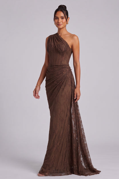 chocolate brown floral lace column gown chocolate brown floral lace gown - product view 4