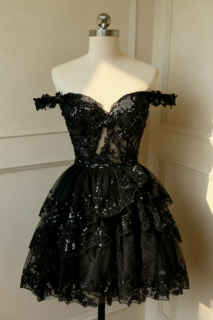 Sparkly Red A Line Off The Shoulder Corset Tiered Lace Short Homecoming Dress
