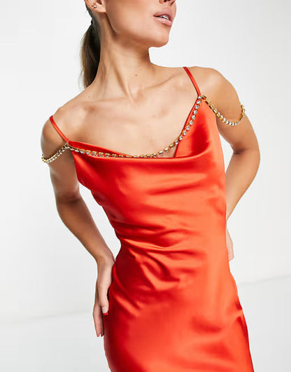 embellished satin cami maxi dress in burnt orange