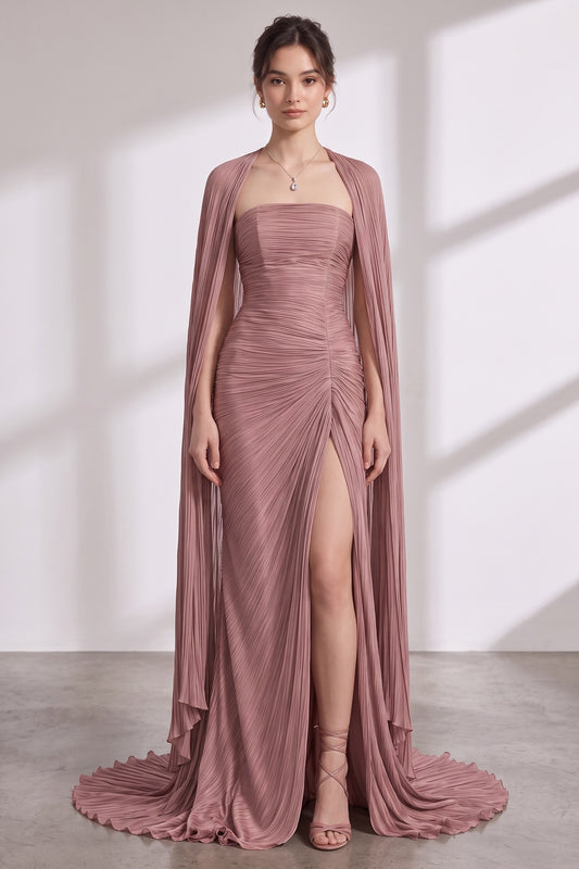 Dusty Rose Plissé Chiffon Strapless Gown with Draped Cape and Train dusty rose plissé chiffon strapless gown with matching draped cape - product view 3