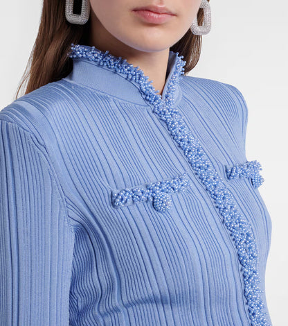 polly blue Beaded Knit Blouse & Skirt Set