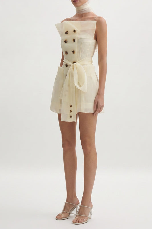 Spaghetti Strap Organza Belted Double-Breasted Mini Trench Dress