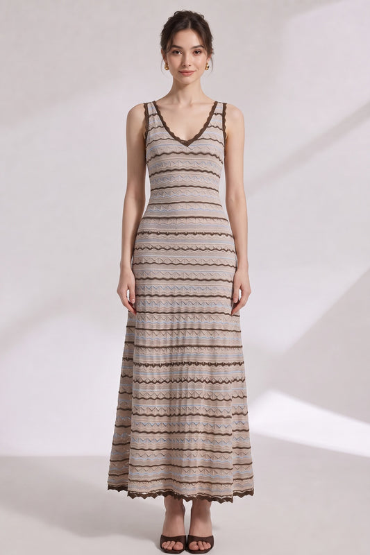 Beige Crochet-Style Knit A-Line Maxi Dress beige crochet-style knit maxi dress - product view 1