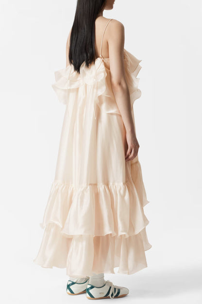 hedwig off-shoulder floral printed ruffle maxi dress in beige