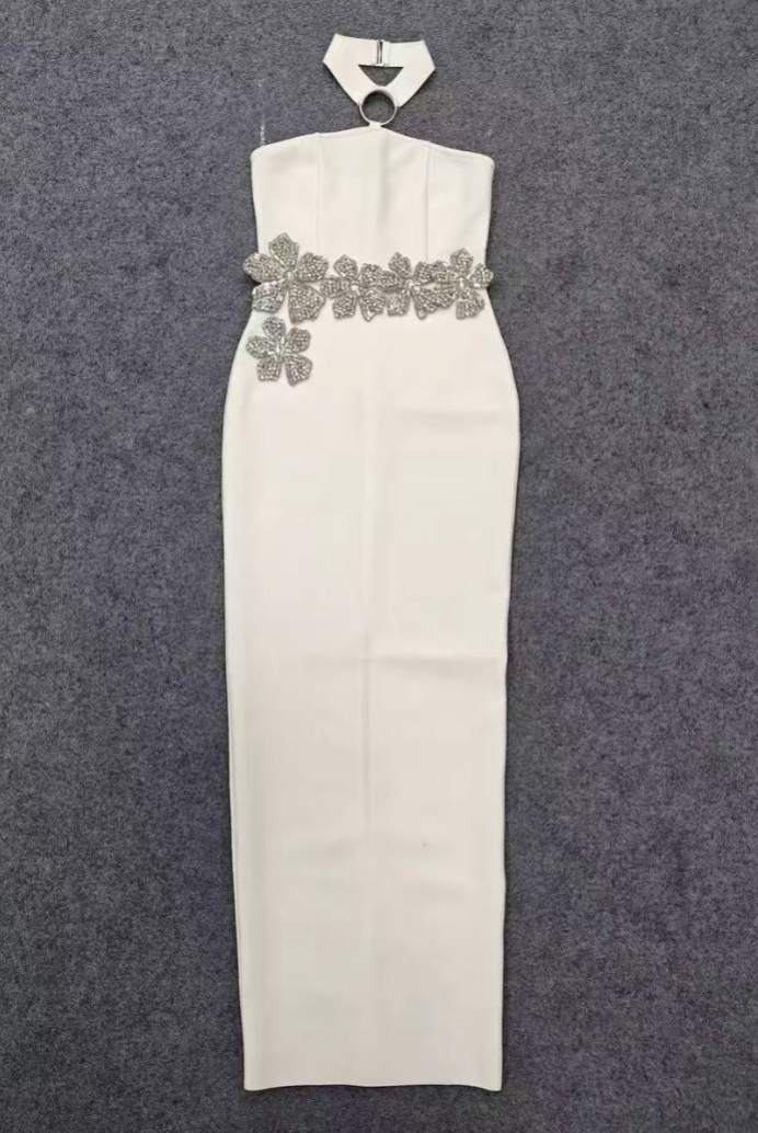White Crepe Column Gown with Silver Floral Embellishment