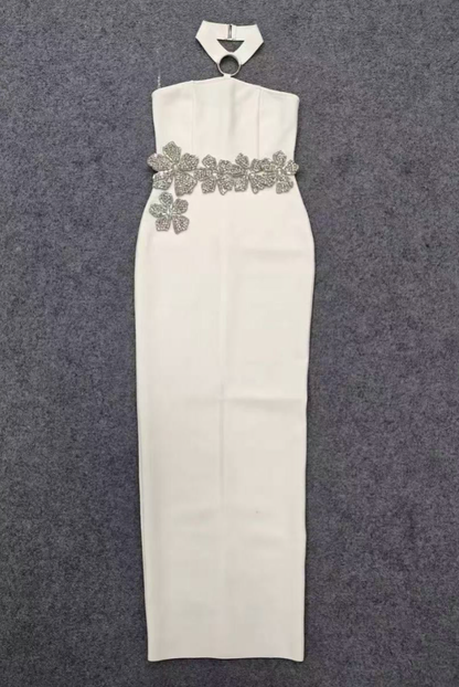 White Crepe Column Gown with Silver Floral Embellishment