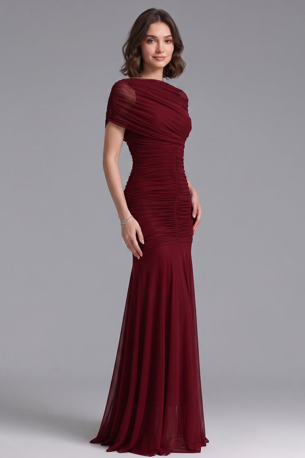 burgundy mesh mermaid evening gown burgundy mesh evening gown - product view 4