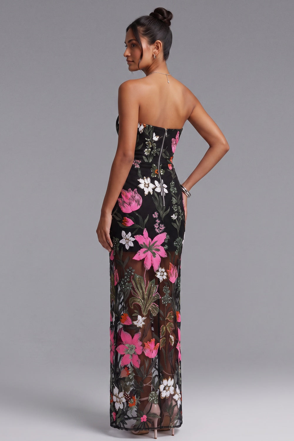 Black Floral Embroidered Mesh Column Dress black mesh dress - product view 2