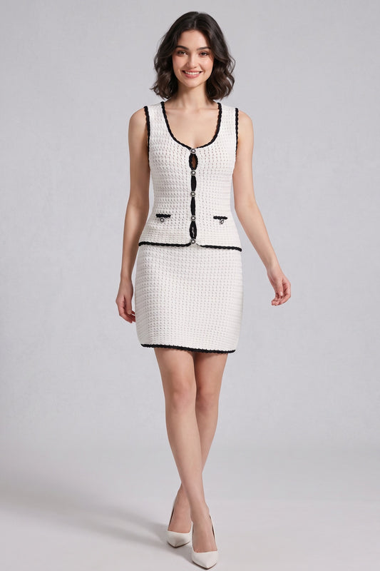 white textured knit fitted two-piece set white textured knit two-piece set - product view 1