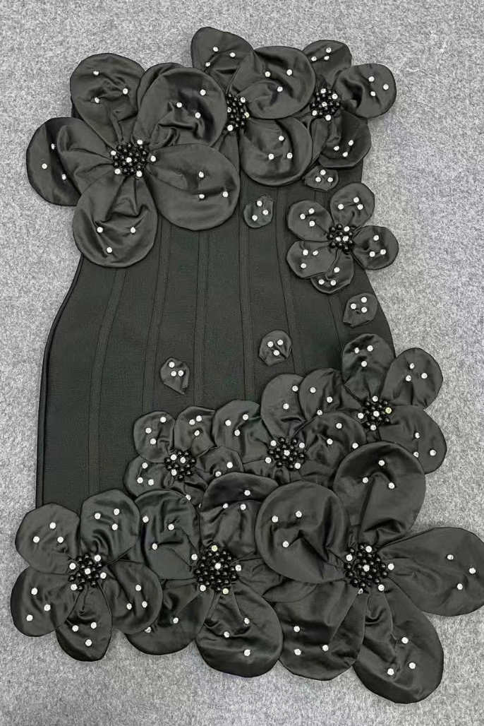 Black Structured Crepe 3D Floral Mini Dress