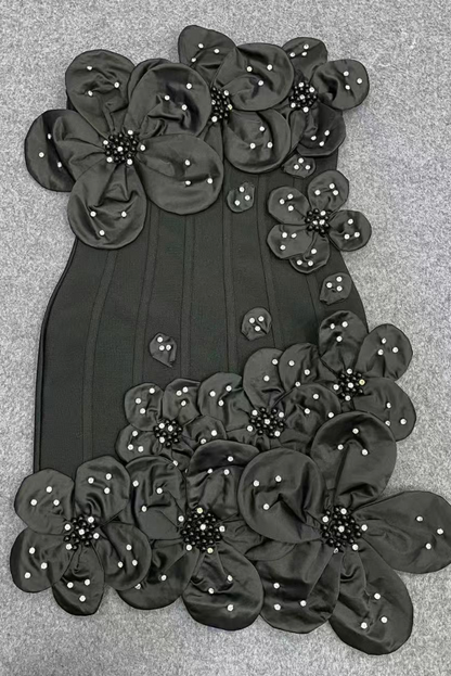 Black Structured Crepe 3D Floral Mini Dress