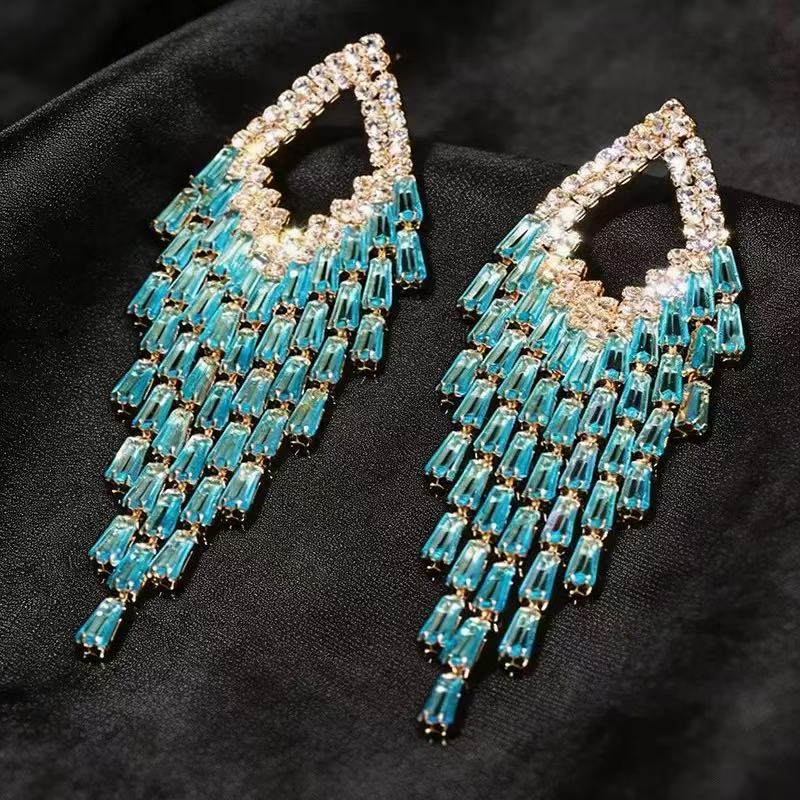 Teardrop Frame Aqua Baguette Crystal Tassel Drop Earrings