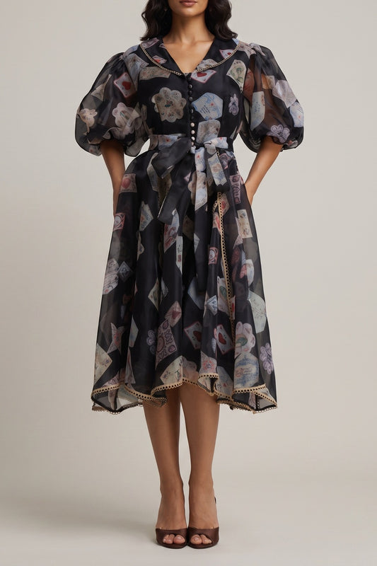 V-Neck Balloon Sleeve Playing Card Print Belted Midi Dress
