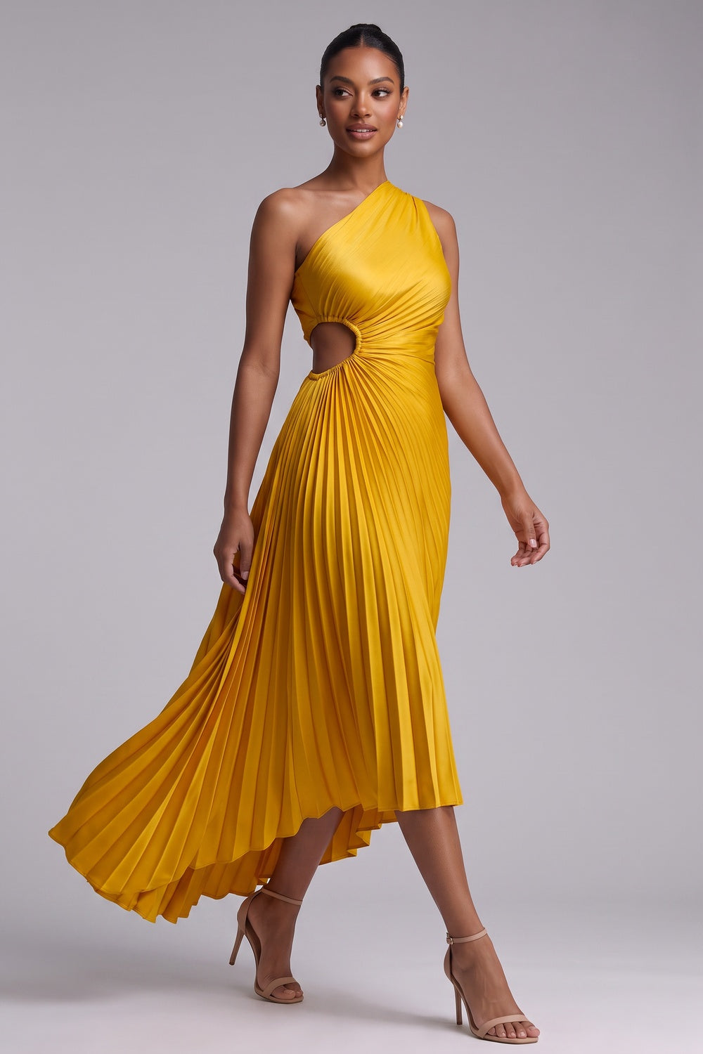 Yellow One-Shoulder Pleated Midi Dress Premium Fabric - product view 2