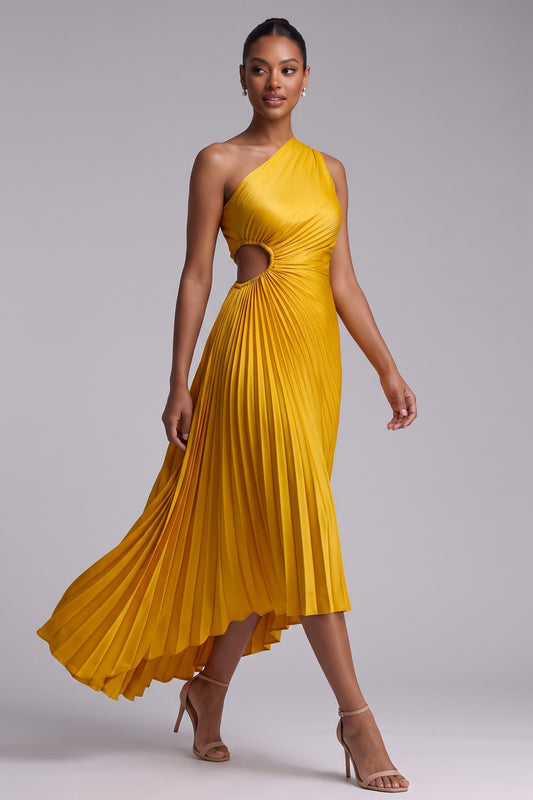 Yellow One-Shoulder Pleated Midi Dress Premium Fabric - product view 2