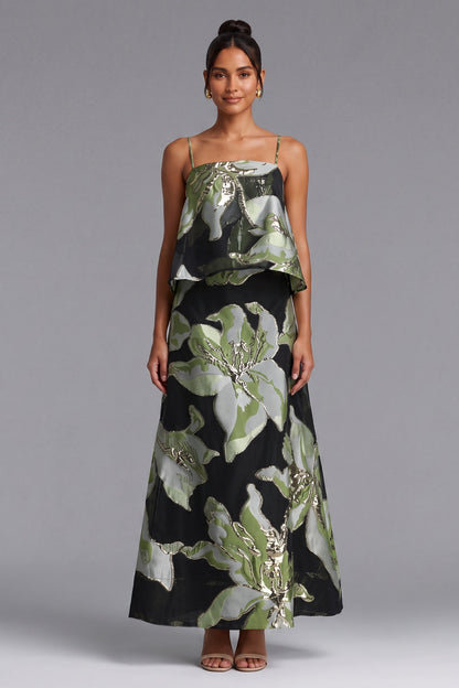 Black Metallic Floral Jacquard Two-Piece Set with Cropped Trapeze Top and Maxi Skirt black metallic floral jacquard two-piece matching set - product view 1