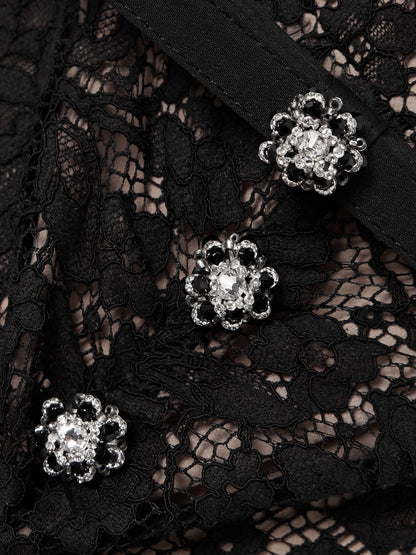 helen black Belted embellished cotton-blend lace midi dress