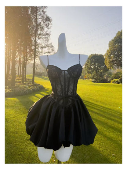 sally lace puffball mini dress in black