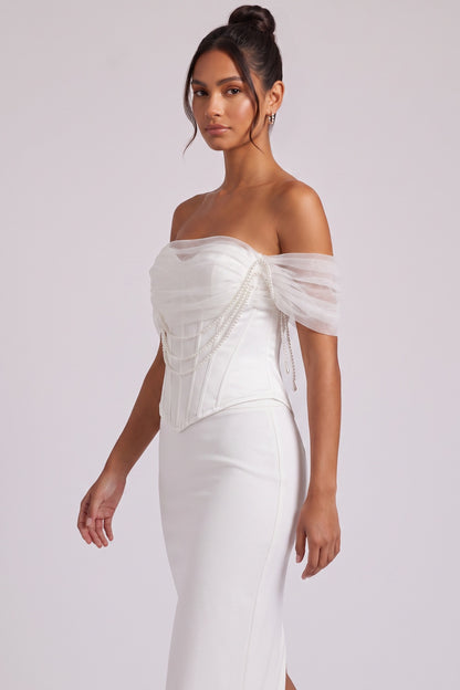 White Structured Satin Corset Top with Pearl-Embellished Off-Shoulder Sleeves white structured satin corset top - product view 4