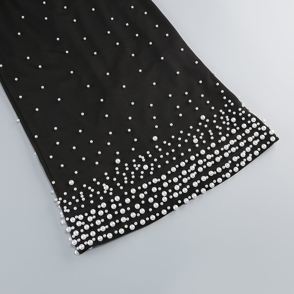 pearl polka dots embellished midi dress in black