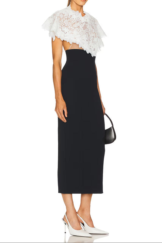 alice lace patchwork shawl bodycon midi dress in black
