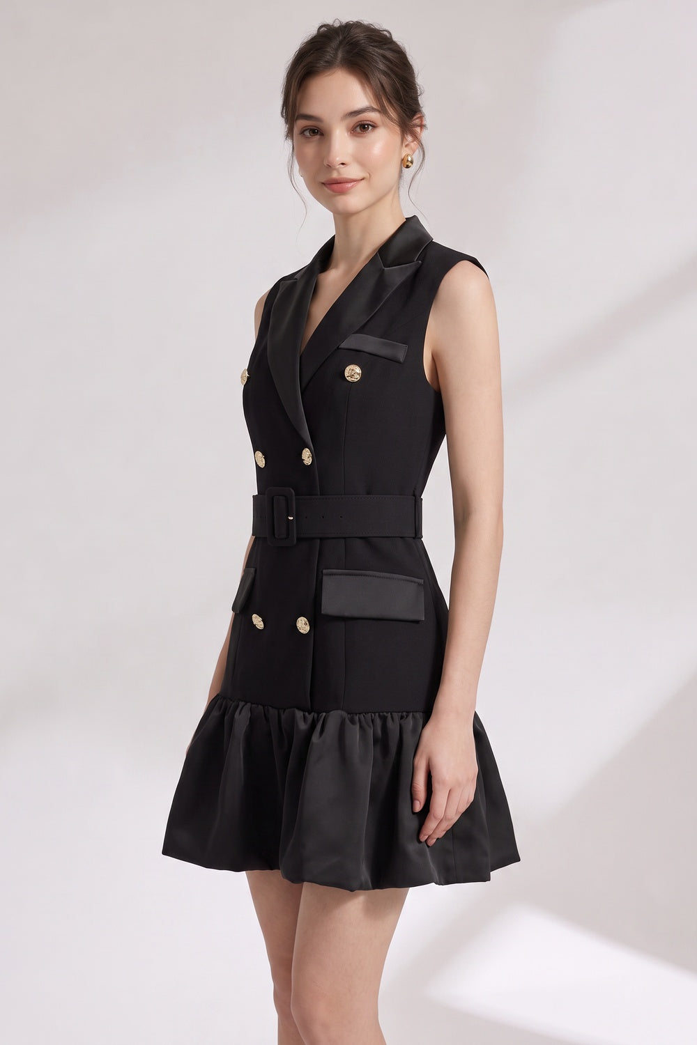 Black Matte Suiting Crepe Tailored Bodice with Flared Ruffled Hem Blazer Dress black matte suiting crepe blazer dress - product view 1