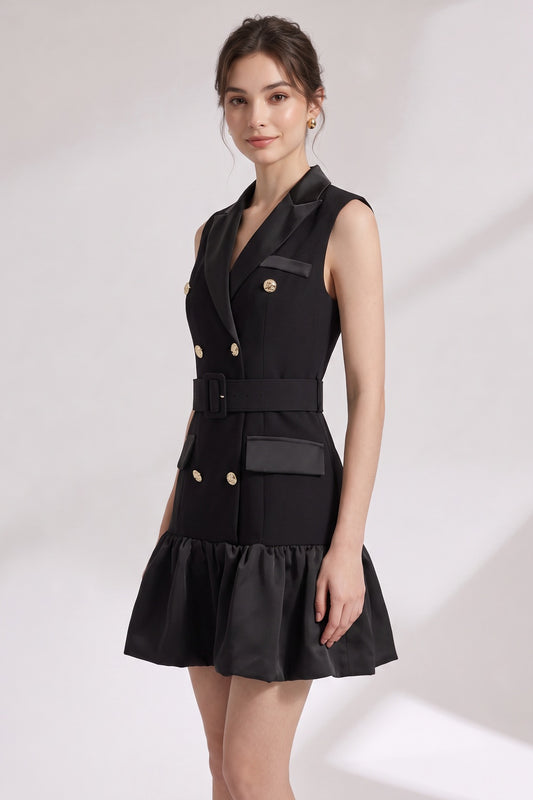 Black Matte Suiting Crepe Tailored Bodice with Flared Ruffled Hem Blazer Dress black matte suiting crepe blazer dress - product view 1