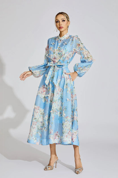 tiffany pale blue floral Printed puff sleeve Maxi Dress