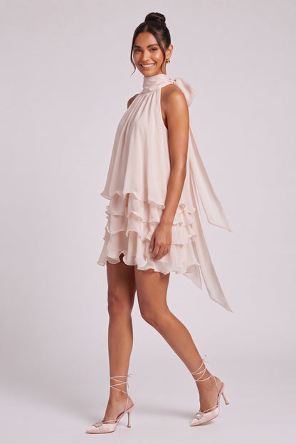 Pale Pink Chiffon Tiered Mini Dress with Halter Neck pale pink, blush pink chiffon dress - product view 3