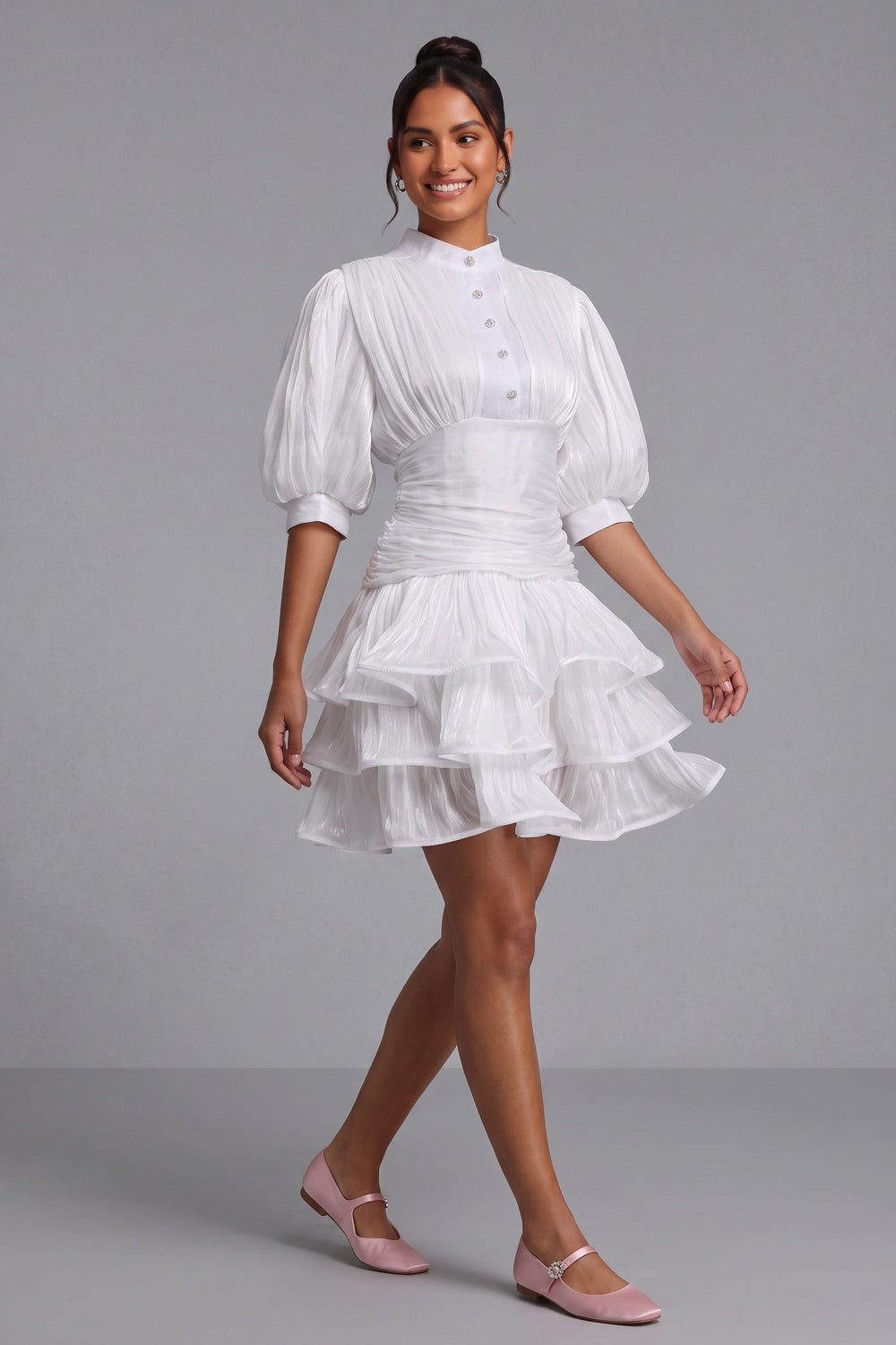 White Tiered Ruffle Mini Dress Premium Fabric - product view 2