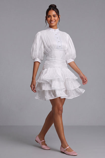 White Tiered Ruffle Mini Dress Premium Fabric - product view 2