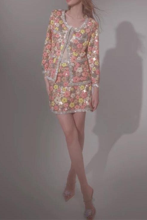 flower Diamond Top Short Skirt in pink