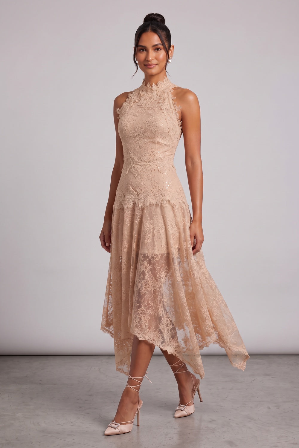 Beige Peach Floral Lace A-Line Midi Dress beige, peach floral lace dress - product view 2