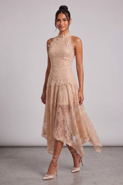 Beige Peach Floral Lace A-Line Midi Dress beige, peach floral lace dress - product view 2