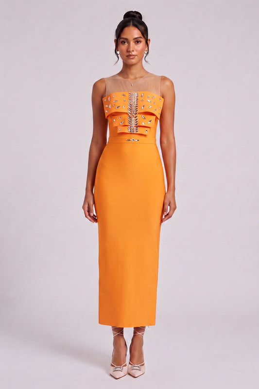 Orange Ruffle Embellished Midi Dress Premium Fabric - product view 2