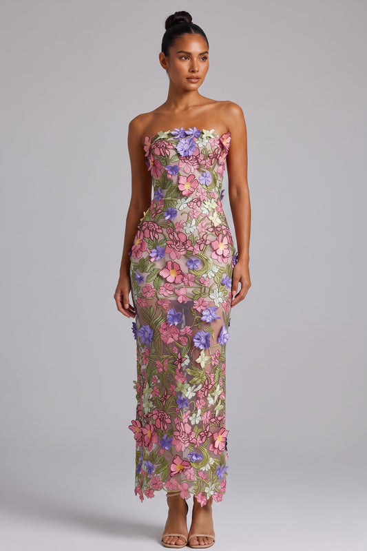 3D Floral Appliqué Strapless Maxi Dress Premium Fabric - product view 2