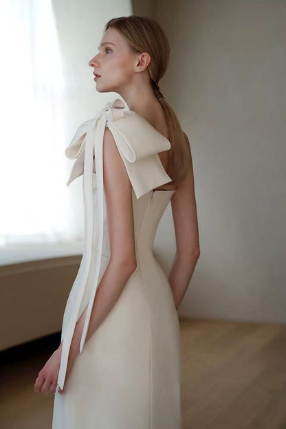 Estelle White Off Shoulder Satin Midi Dress with Bow