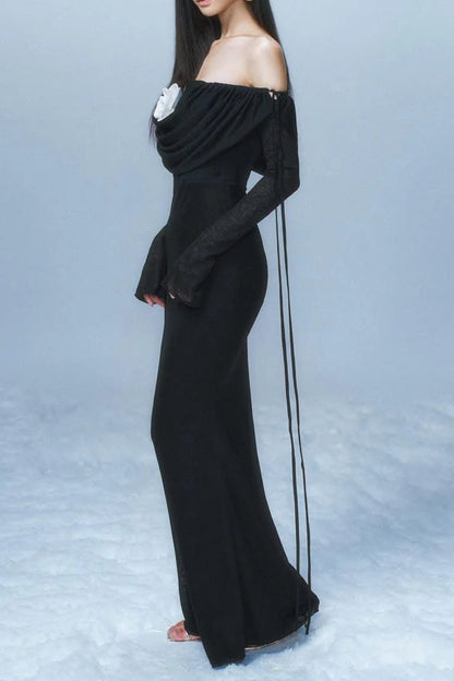 lila flower embellished pleated strapless maxi dress in black